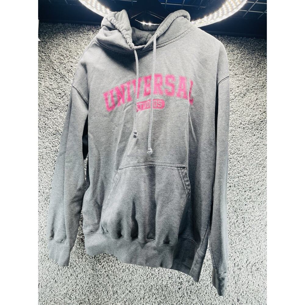 Women’s Gray Pink Universal Studios Hoodie With Pocket Sweater Size Large Warm